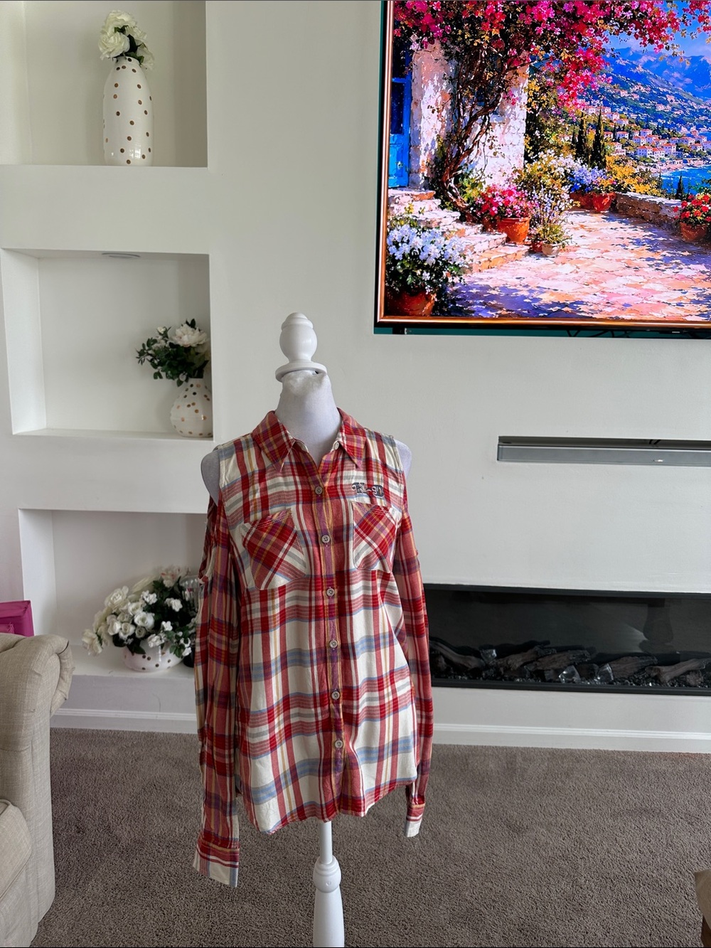 Harley-Davidson Red and Cream Cold-Shoulder Plaid Button-Down Shirt